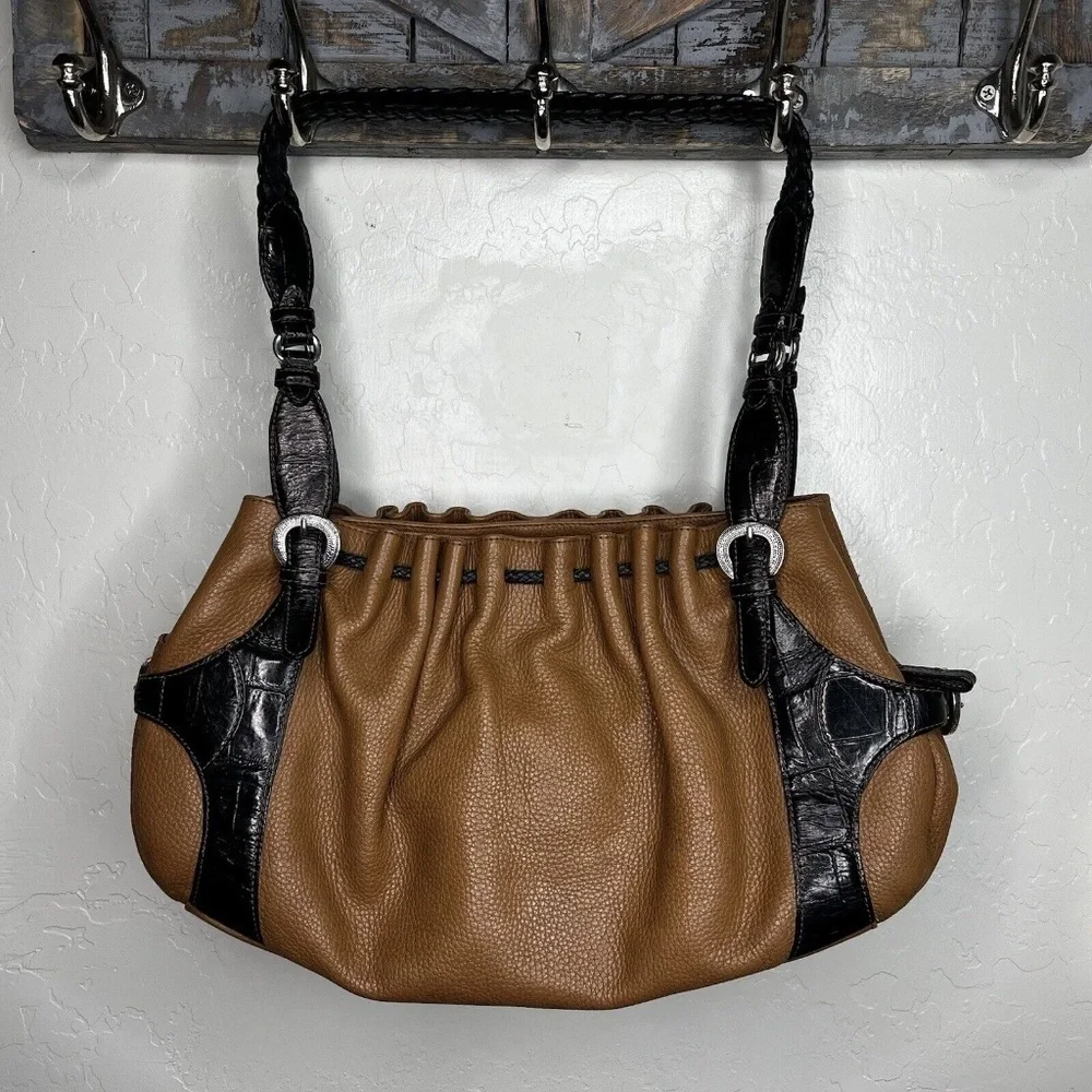 Brighton Pebble Leather Croc details British Tan & Chocolate Brown combo purse